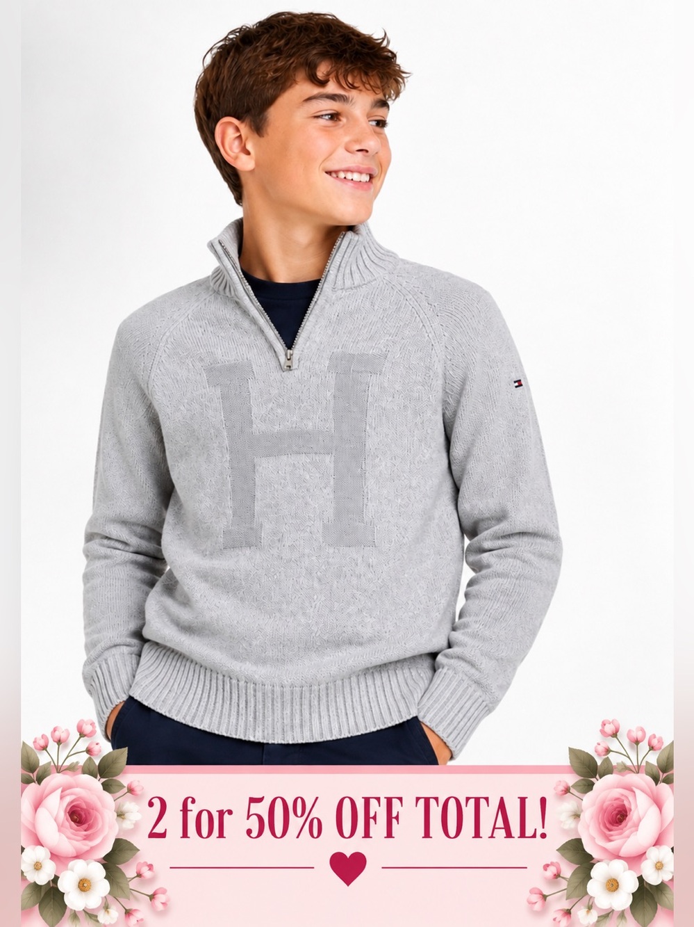 Tommy Hilfiger Boys Gray 1/4 Zip Knit Jumper Sweater M 12/14 H Logo Cotton